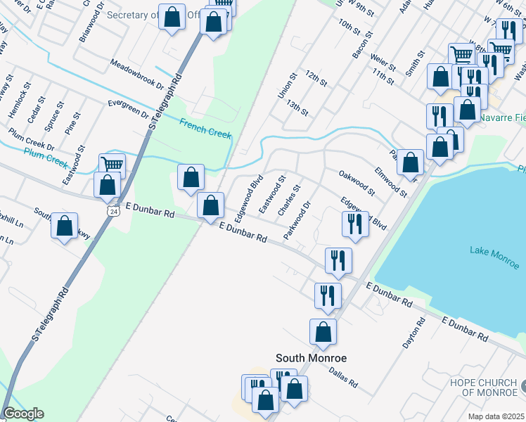 map of restaurants, bars, coffee shops, grocery stores, and more near 15488 Eastwood Street in Monroe