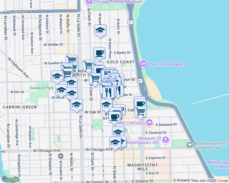 map of restaurants, bars, coffee shops, grocery stores, and more near 1031 North State Street in Chicago