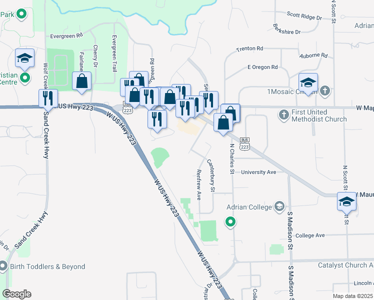 map of restaurants, bars, coffee shops, grocery stores, and more near 220 Stratford Avenue in Adrian