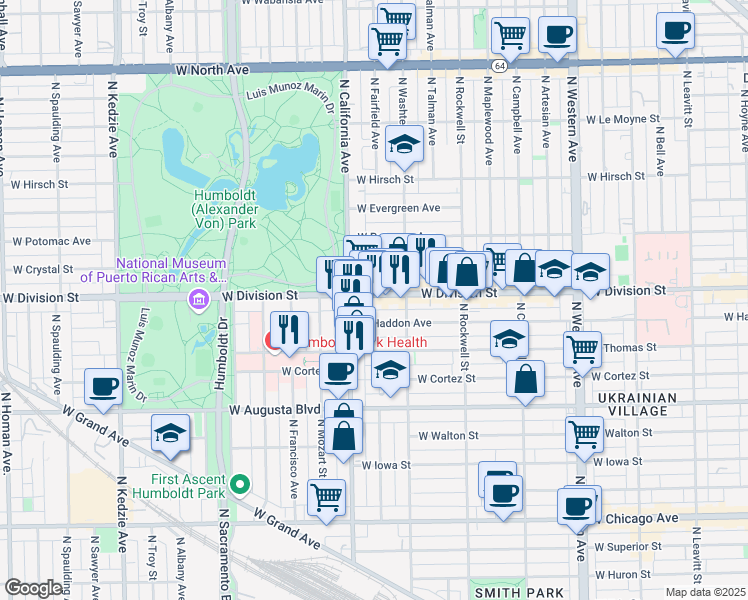 map of restaurants, bars, coffee shops, grocery stores, and more near 2743 West Division Street in Chicago