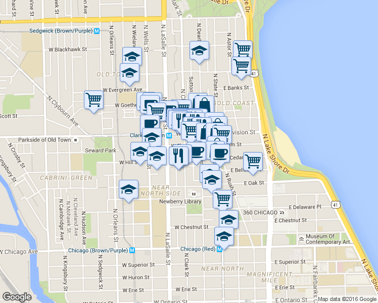 map of restaurants, bars, coffee shops, grocery stores, and more near 1111 North Clark Street in Chicago