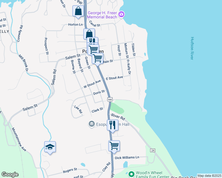 map of restaurants, bars, coffee shops, grocery stores, and more near 253-301 Broadway St in Ulster Park