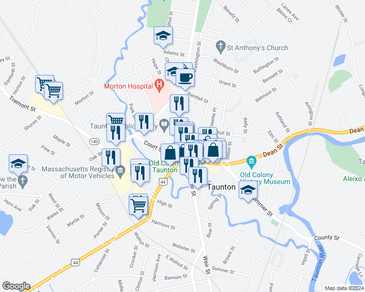 map of restaurants, bars, coffee shops, grocery stores, and more near 4 Broadway in Taunton