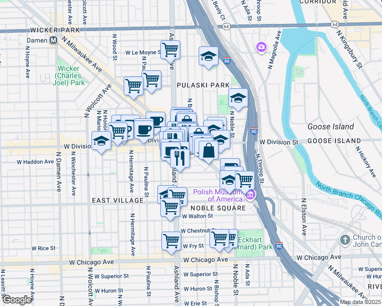 map of restaurants, bars, coffee shops, grocery stores, and more near 1170 North Milwaukee Avenue in Chicago