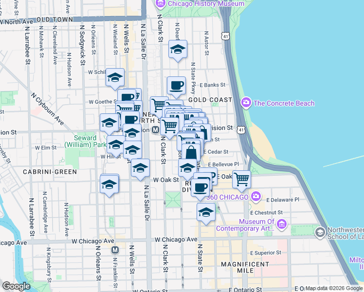 map of restaurants, bars, coffee shops, grocery stores, and more near 1133 North Dearborn Street in Chicago