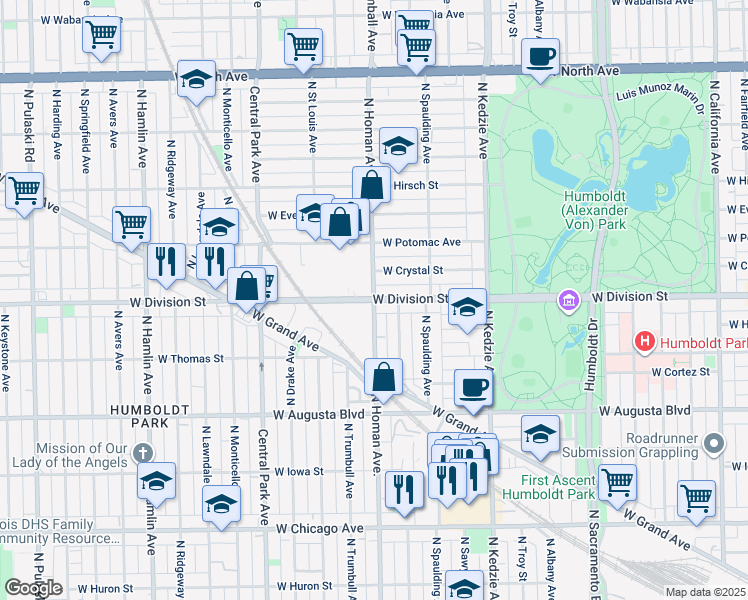 map of restaurants, bars, coffee shops, grocery stores, and more near 3400 West Division Street in Chicago