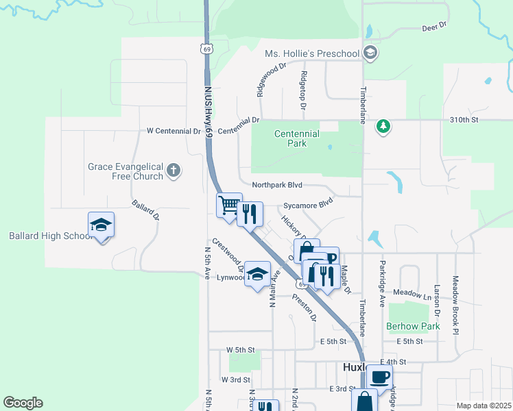 map of restaurants, bars, coffee shops, grocery stores, and more near 100 Sycamore Boulevard in Huxley