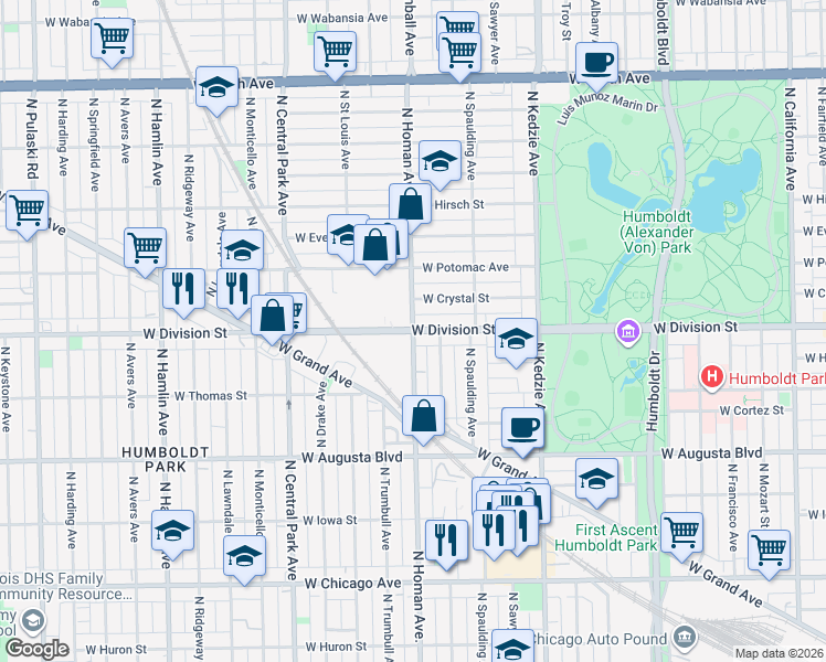 map of restaurants, bars, coffee shops, grocery stores, and more near W Division St & N Homan Ave in Chicago