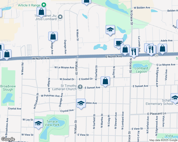 map of restaurants, bars, coffee shops, grocery stores, and more near 653 North Charlotte Street in Lombard
