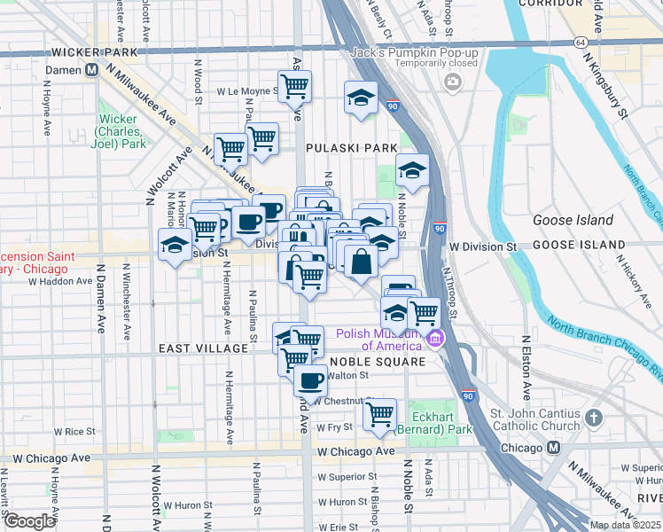 map of restaurants, bars, coffee shops, grocery stores, and more near 1170 North Milwaukee Avenue in Chicago