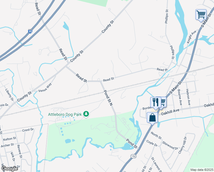 map of restaurants, bars, coffee shops, grocery stores, and more near 112 Pond Street in Attleboro