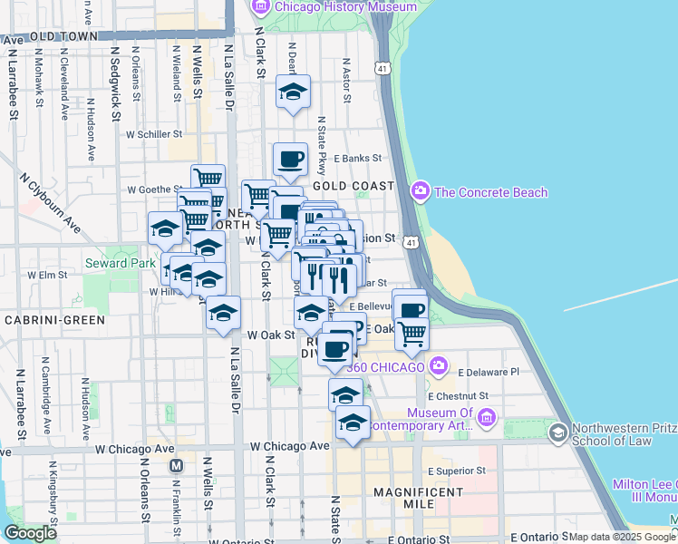 map of restaurants, bars, coffee shops, grocery stores, and more near 1031 North State Street in Chicago