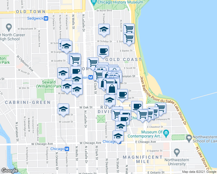 map of restaurants, bars, coffee shops, grocery stores, and more near 24 West Maple Street in Chicago