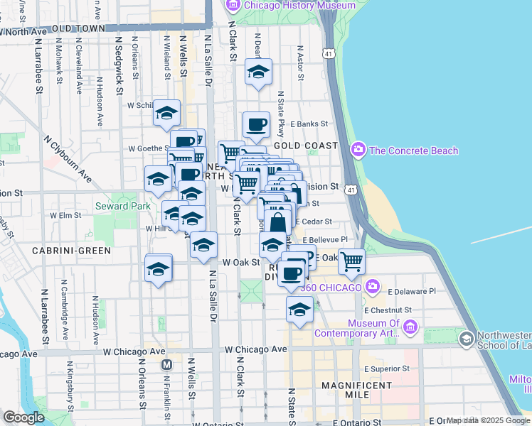 map of restaurants, bars, coffee shops, grocery stores, and more near 24 West Maple Street in Chicago