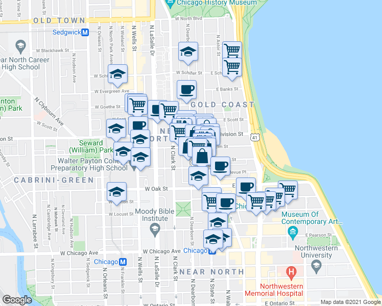 map of restaurants, bars, coffee shops, grocery stores, and more near 24 West Maple Street in Chicago