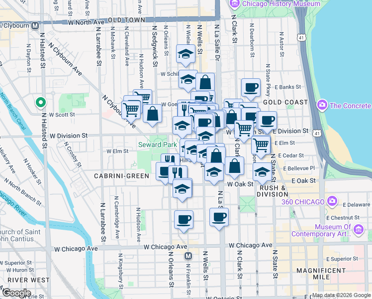 map of restaurants, bars, coffee shops, grocery stores, and more near 321 West Hill Street in Chicago