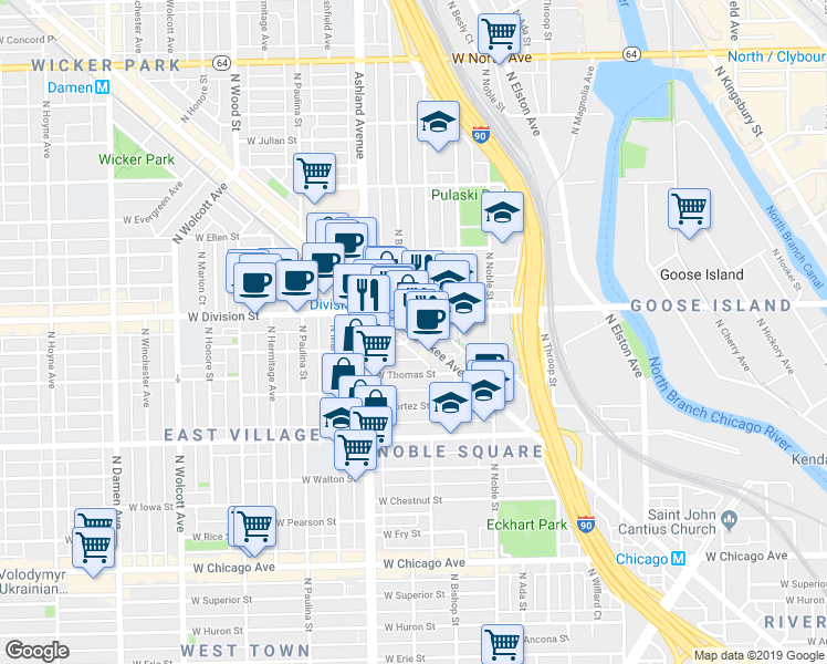 map of restaurants, bars, coffee shops, grocery stores, and more near 1515 West Haddon Avenue in Chicago