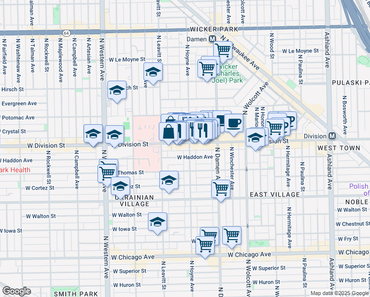 map of restaurants, bars, coffee shops, grocery stores, and more near 1139 North Hoyne Avenue in Chicago