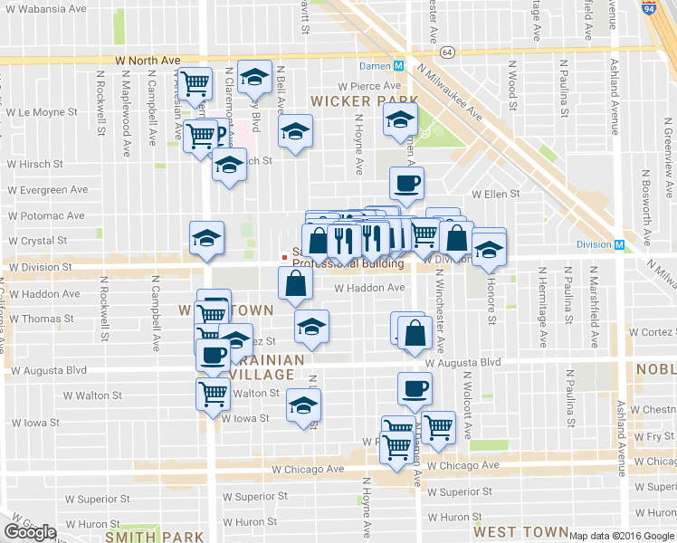 map of restaurants, bars, coffee shops, grocery stores, and more near 2132 West Haddon Avenue in Chicago