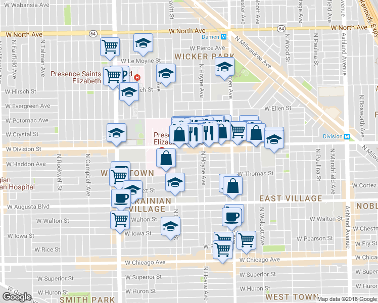 map of restaurants, bars, coffee shops, grocery stores, and more near 2132 West Haddon Avenue in Chicago