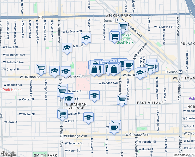 map of restaurants, bars, coffee shops, grocery stores, and more near 2132 West Haddon Avenue in Chicago