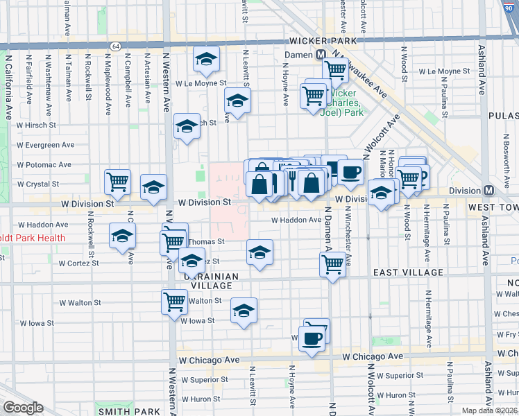 map of restaurants, bars, coffee shops, grocery stores, and more near 2132 West Haddon Avenue in Chicago