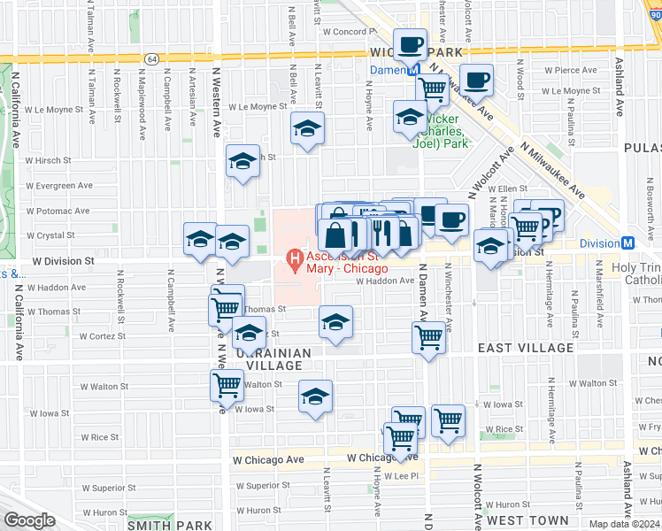 map of restaurants, bars, coffee shops, grocery stores, and more near 2132 West Haddon Avenue in Chicago