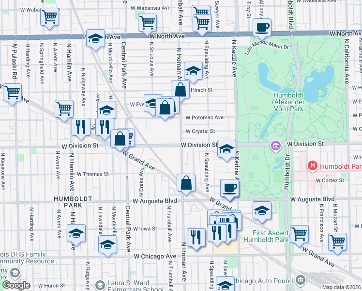 map of restaurants, bars, coffee shops, grocery stores, and more near 3333 West Division Street in Chicago