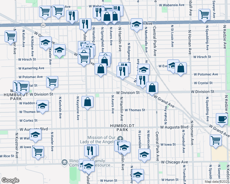 map of restaurants, bars, coffee shops, grocery stores, and more near 3841 West Division Street in Chicago