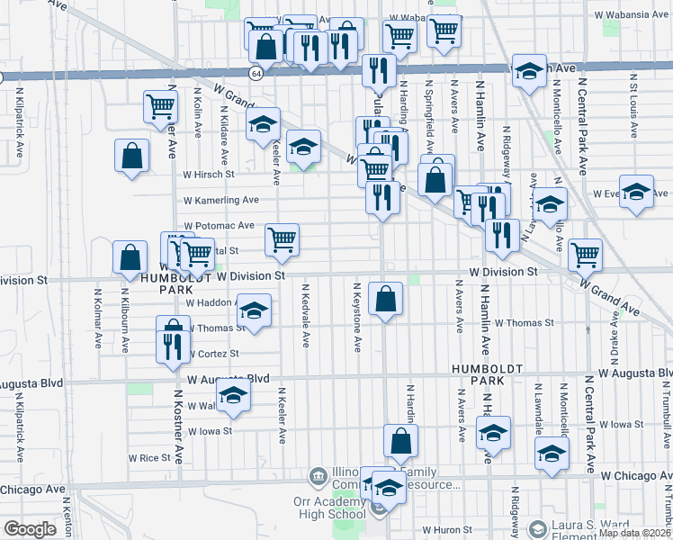 map of restaurants, bars, coffee shops, grocery stores, and more near 1156 North Karlov Avenue in Chicago
