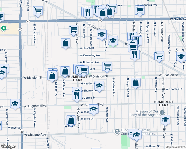 map of restaurants, bars, coffee shops, grocery stores, and more near 4257 West Division Street in Chicago