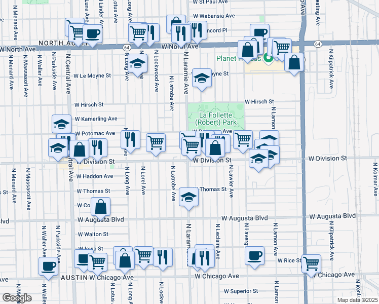 map of restaurants, bars, coffee shops, grocery stores, and more near in Chicago