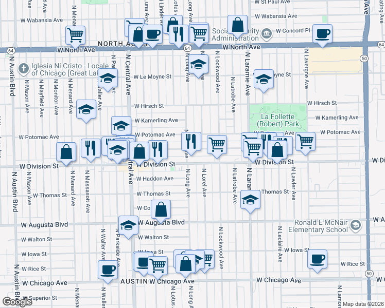 map of restaurants, bars, coffee shops, grocery stores, and more near 5360 West Division Street in Chicago