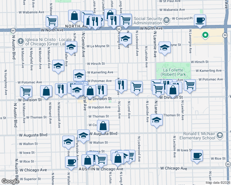 map of restaurants, bars, coffee shops, grocery stores, and more near 5424 West Division Street in Chicago