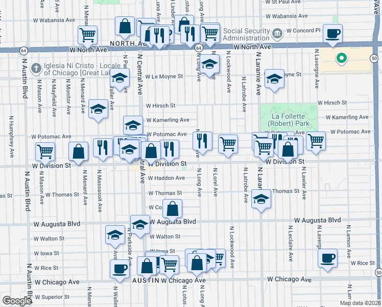 map of restaurants, bars, coffee shops, grocery stores, and more near 5424 West Division Street in Chicago