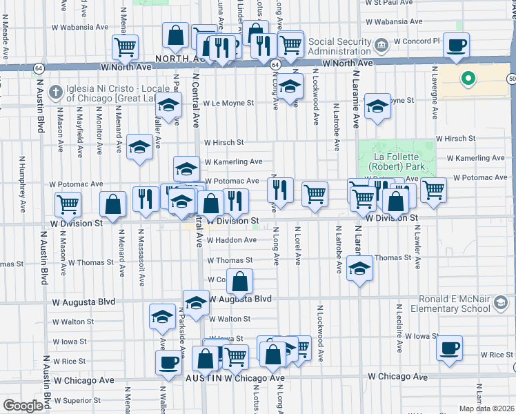 map of restaurants, bars, coffee shops, grocery stores, and more near 5424 West Division Street in Chicago