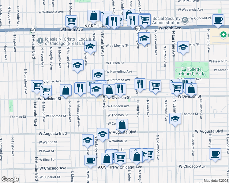 map of restaurants, bars, coffee shops, grocery stores, and more near 5468 West Division Street in Chicago