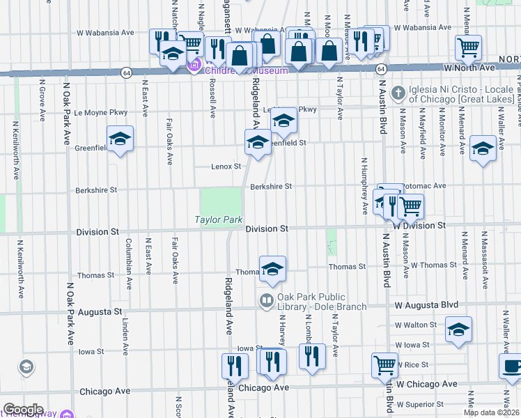 map of restaurants, bars, coffee shops, grocery stores, and more near 915 North Harvey Avenue in Oak Park
