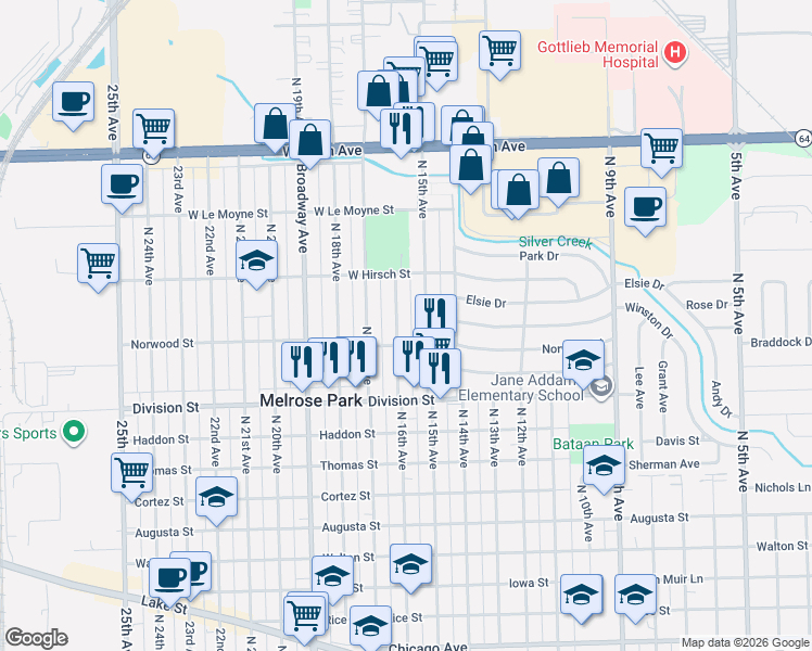map of restaurants, bars, coffee shops, grocery stores, and more near 1606 North 16th Avenue in Melrose Park
