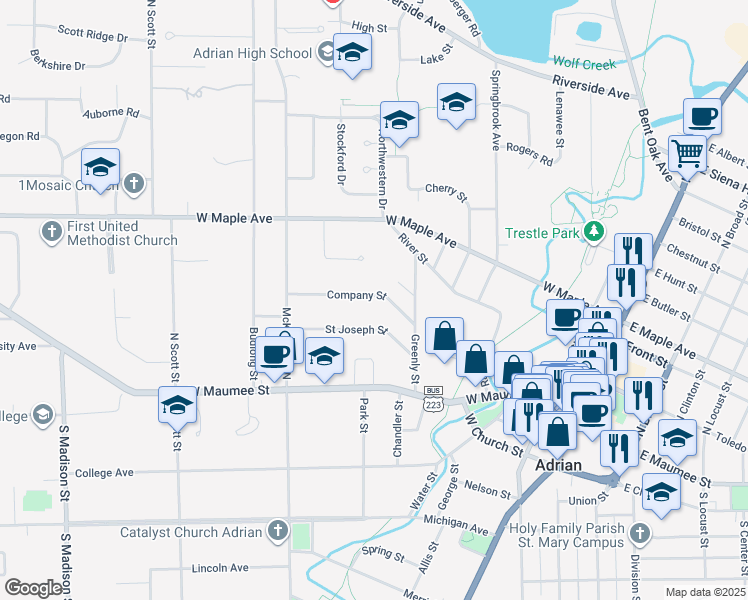 map of restaurants, bars, coffee shops, grocery stores, and more near 609 Company Street in Adrian