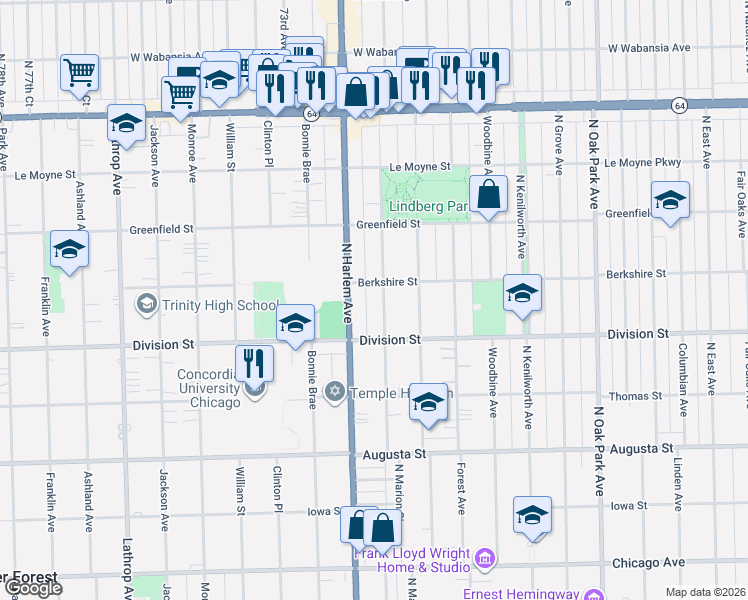 map of restaurants, bars, coffee shops, grocery stores, and more near 922 North Marion Street in Oak Park