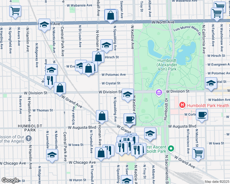 map of restaurants, bars, coffee shops, grocery stores, and more near W Division St & N Spaulding Ave in Chicago