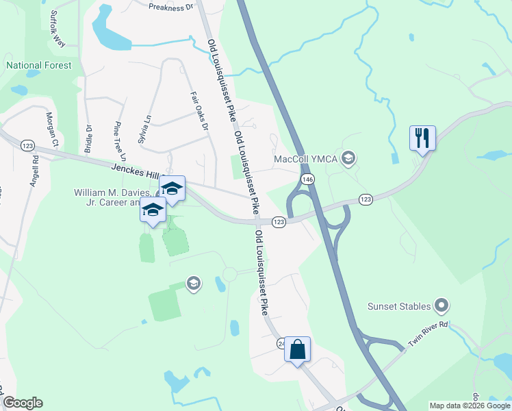 map of restaurants, bars, coffee shops, grocery stores, and more near Old Louisquisset Pike in Lincoln