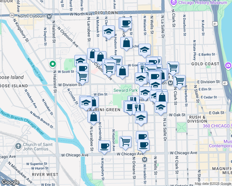 map of restaurants, bars, coffee shops, grocery stores, and more near 420 West Elm Street in Chicago