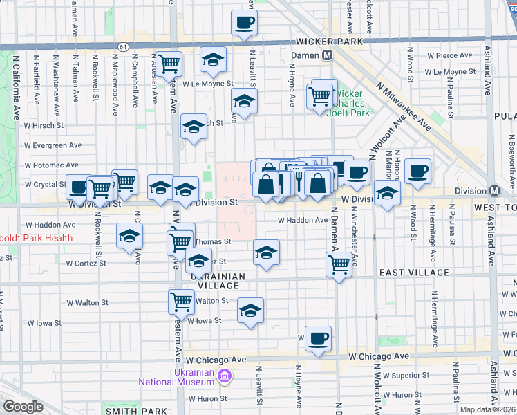 map of restaurants, bars, coffee shops, grocery stores, and more near 2157 West Division Street in Chicago