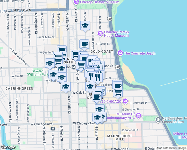 map of restaurants, bars, coffee shops, grocery stores, and more near 1124 North State Street in Chicago