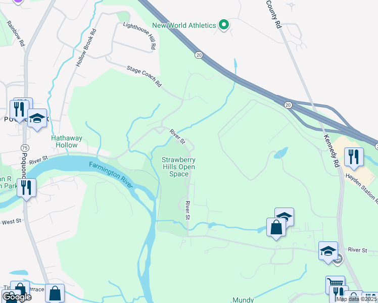 map of restaurants, bars, coffee shops, grocery stores, and more near River Street & Eastwood Circle in Windsor