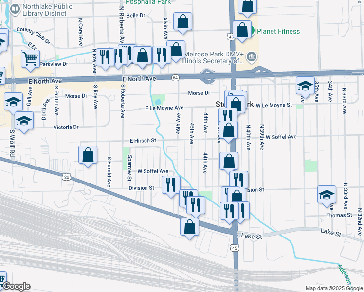 map of restaurants, bars, coffee shops, grocery stores, and more near 308 45th Avenue in Northlake