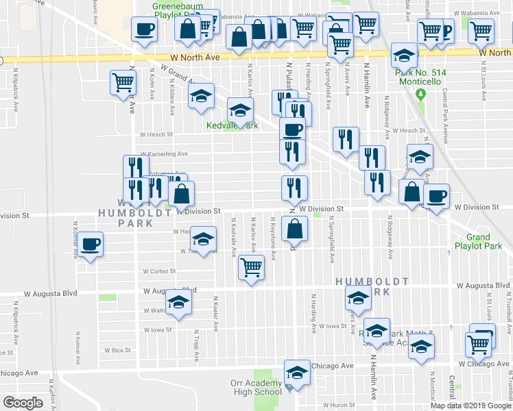 map of restaurants, bars, coffee shops, grocery stores, and more near 1156 North Karlov Avenue in Chicago
