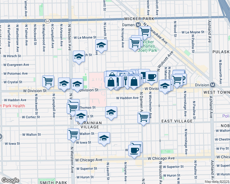 map of restaurants, bars, coffee shops, grocery stores, and more near 2132 West Haddon Avenue in Chicago